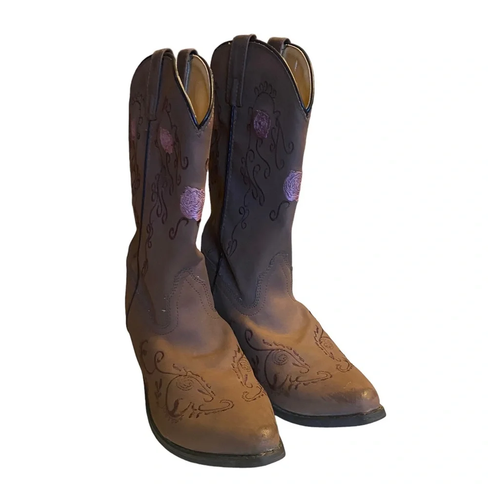 Shyanne Girl's Floral Embroidered Cowgirl Boots Sz 5 Brown Western Midcalf Boot